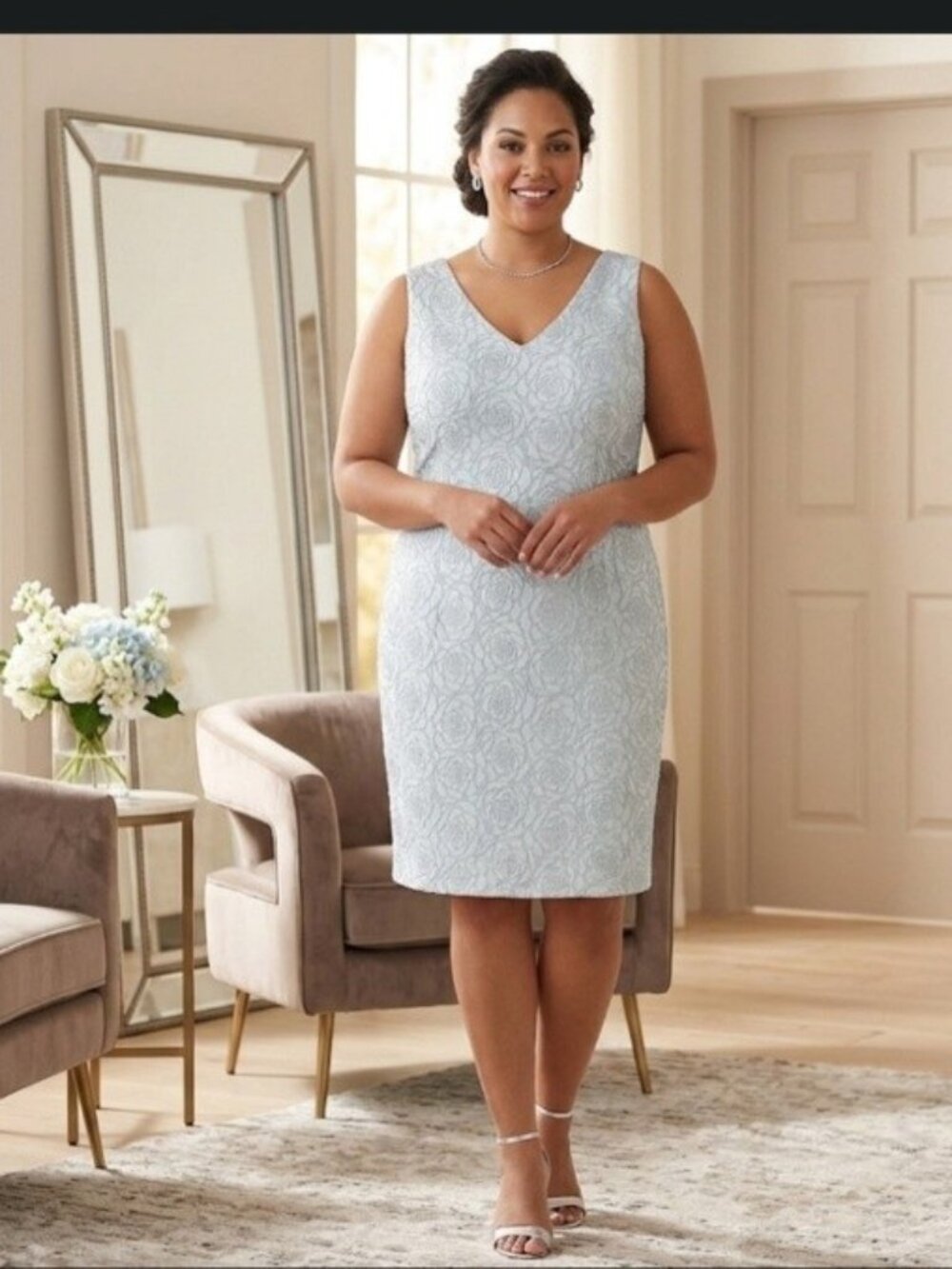 LB Glamorous Ice Blue Shift Dress w/ Shimmering Glittery Rose Pattern 16W - NWT